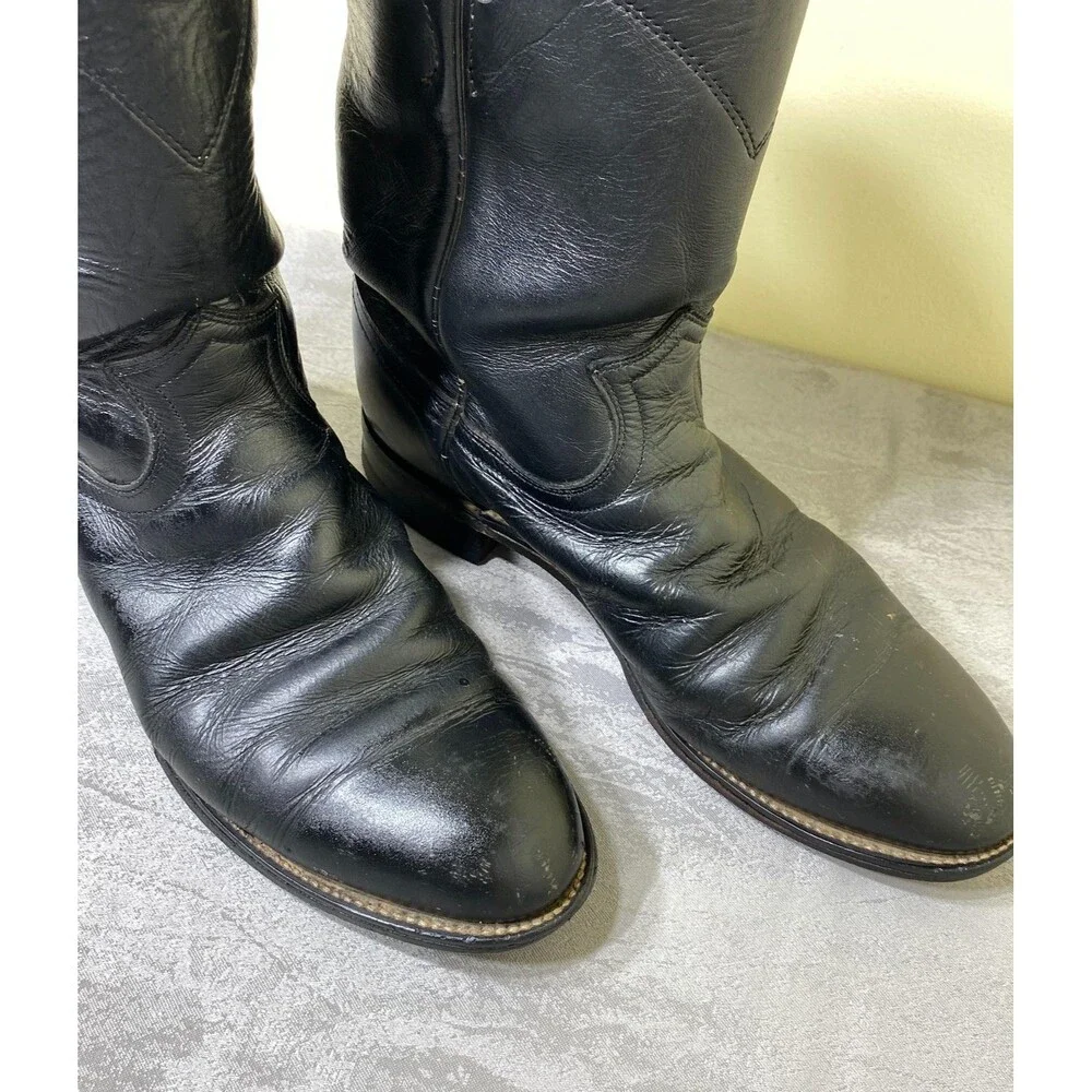 Vintage Justin 3133 Boots Mens Size 8D Black Leather Western Roper Cowboy Ranch